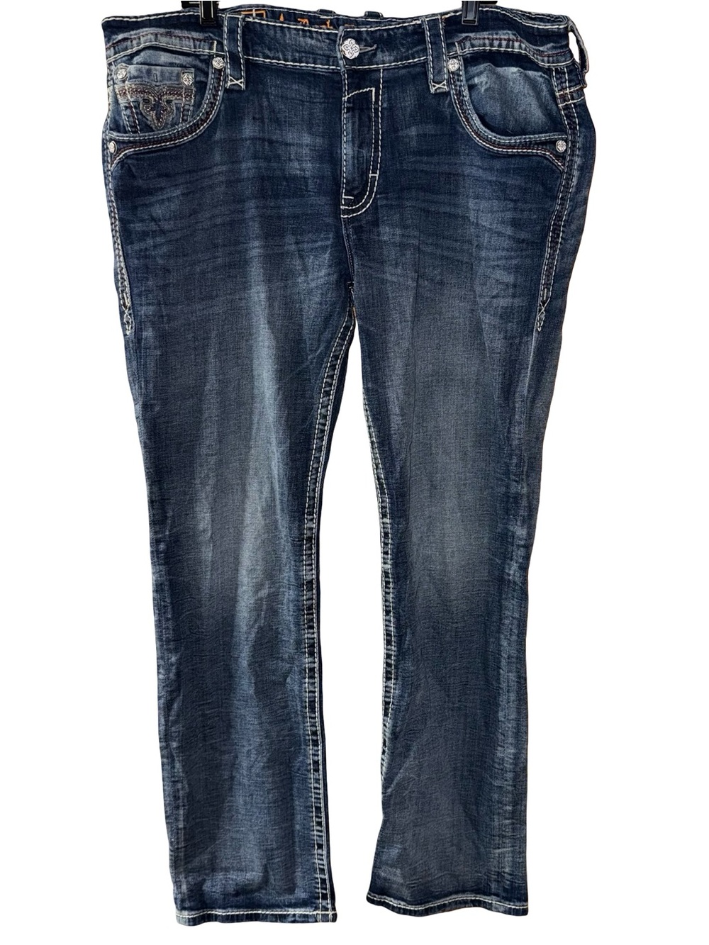 Rock Revival James Alt Straight Jeans Mens Size 42 Thick Stitch Blue Denim Y2K